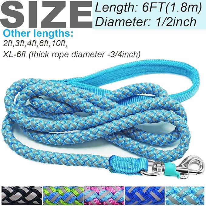 Reflective Dog Leash 2/3/4/6/10ft Braided 1/2" Strong Nylon Rope | 6FT Skyblue Dog Leash for Large Medium Small Dogs Walking Training Leads - Image 7