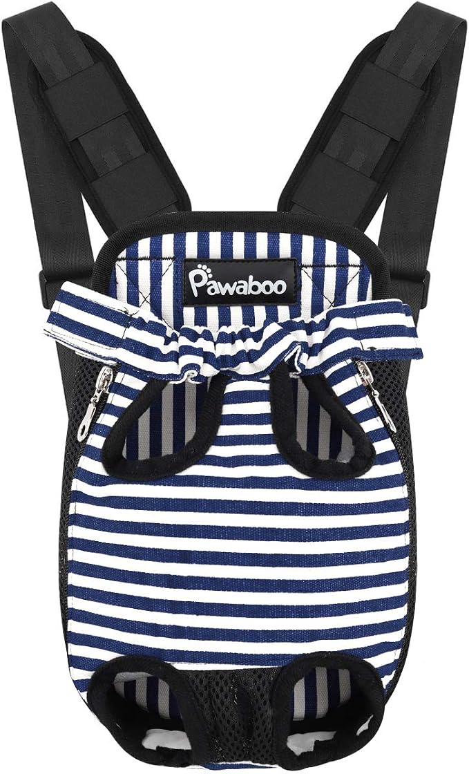 Pawaboo Pet Front Carrier Backpack for Small Medium Dogs | Legs Out Easy-fit,Adjustable Straps,Hands-Free,Soft Padded Support for Travel Hiking Cycling Camping,Blue Stripes,M by Pawaboo