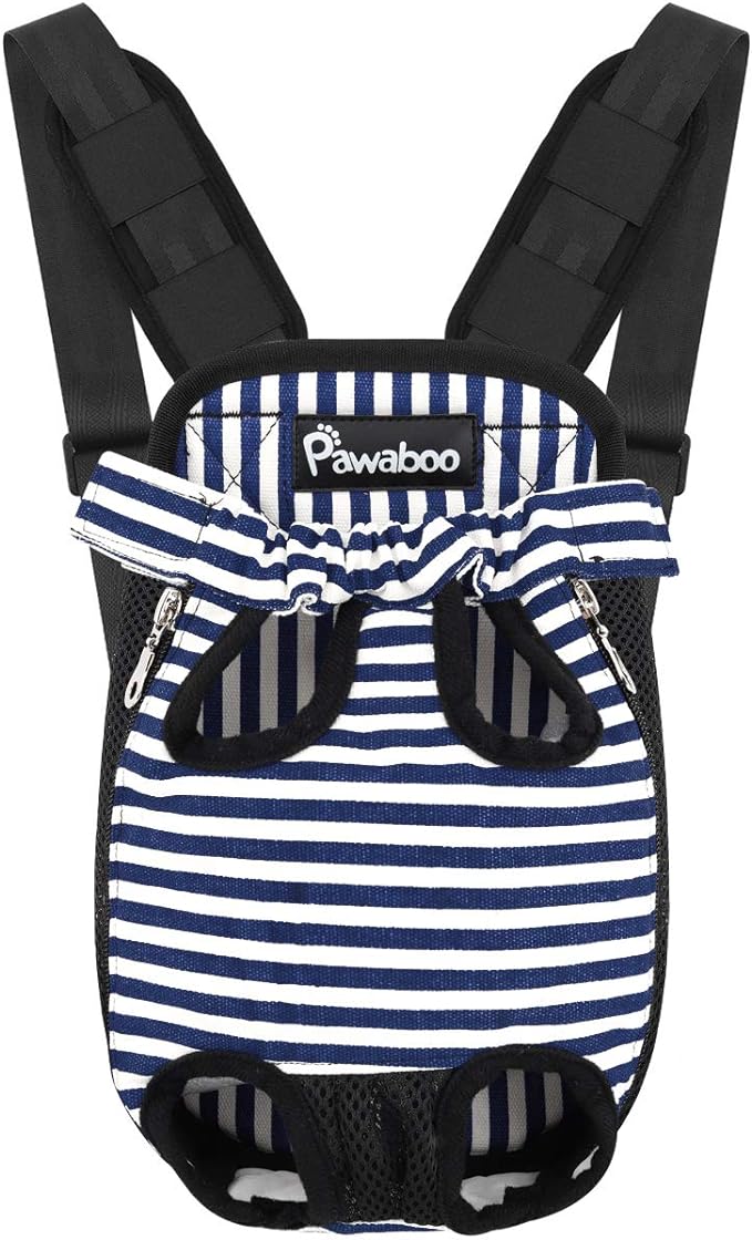 Pawaboo Pet Front Carrier Backpack for Small Medium Dogs | Legs Out Easy-fit,Adjustable Straps,Hands-Free,Soft Padded Support for Travel Hiking Cycling Camping,Blue Stripes,S by Pawaboo