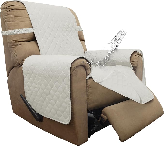 ISSUNTEX Double Protection 100% Waterproof Recliner Covers for Living Room, Reversible Furniture Protector Recliner Couch Sofa Slipcover for Dogs, Pets, Kids (Recliner, Ivory/Ivory) by ISSUNTEX