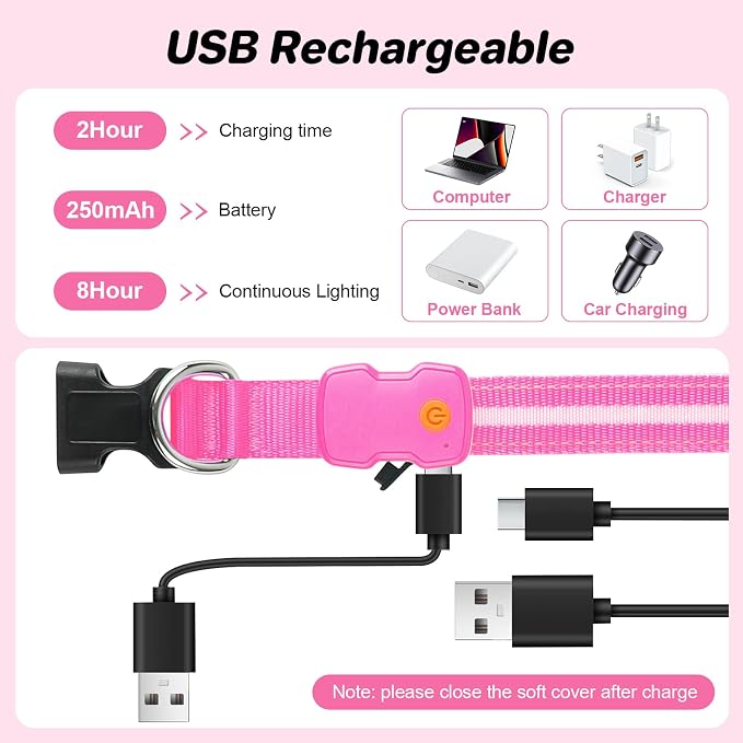PcEoTllar Light Up Dog Collar, Glow in The Dark for Night Walking, Pink, L | Led Dog Collar for Night Walking, 3 Flashing Mode, USB Charge, For Small Medium Large Dogs, Waterproof, Durable Material - Image 4