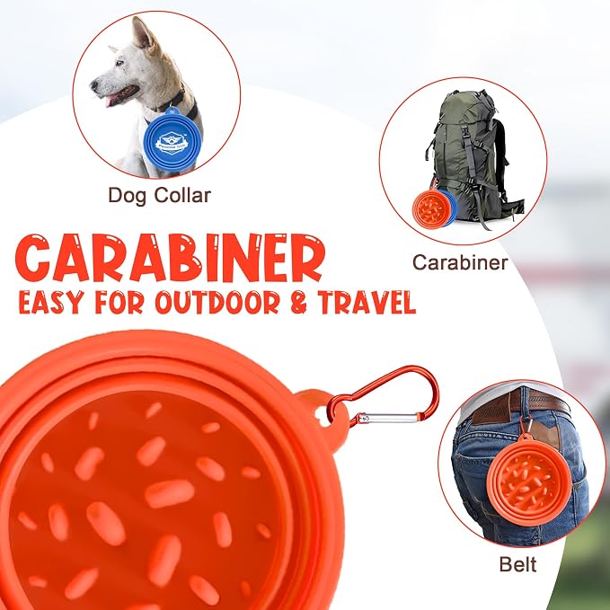 Large Collapsible Dog Bowls (34oz), 2 Pack 2 Colors Pet Travel Foldable Bowl and Slow Feeding Frisbee with Carabiners, Healthy, Soft Silicone, Portable Essential Set for Walking, Travel, and Hiking - Image 5