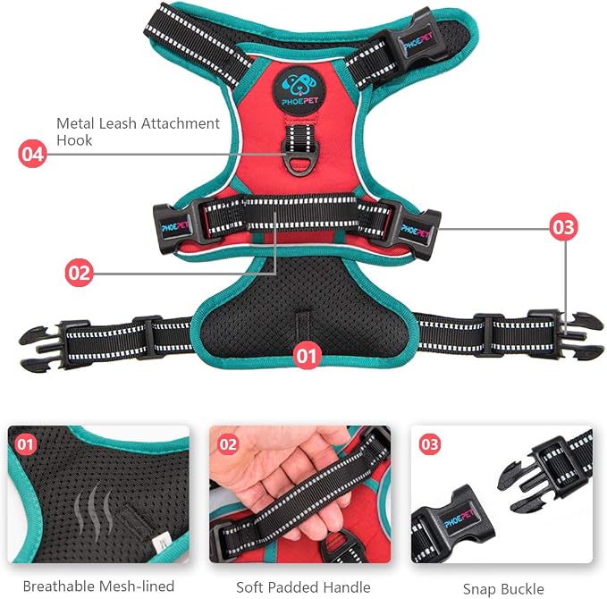 Reflective Dog Harness Large Breed Adjustable No Pull Vest | with Handle 2 Metal Rings 3 Buckles [Easy to Put on & Take off](XL, Red) - Image 2