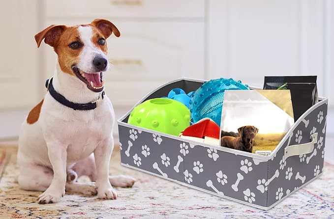 Linen-cotton Blend Dog Toy Organizer Basket - Storage for blankets, leashes, rope toys, clothing - Bone claw pattern - Image 8