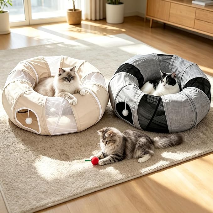 Ownpets Collapsible Cat Tunnel Toy - 2-in-1 Interactive Play Tunnel for Cat up to 18 lbs, Tear-Resistant Mesh, Fold to 2 Inches Thick, Portable Cat Exercise & Entertainment Tunnel, 12" Diameter, Grey - Image 8