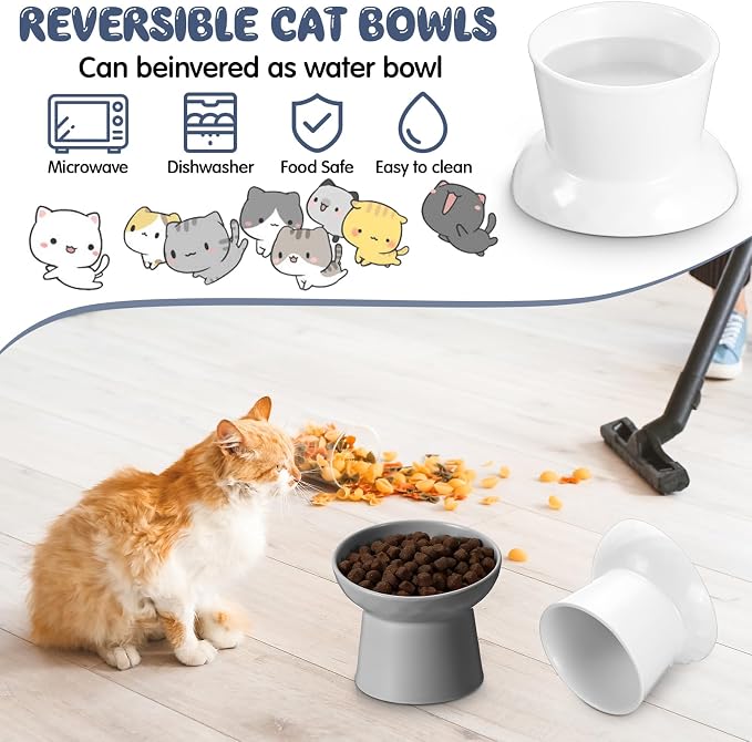 4 Pcs Ceramic Raised Cat Bowls, Elevated Tilted Cat Bowl for Food Water, Stress Free, Backflow Prevention, Dishwasher Microwave Safe, Feeder Dish for Indoor Kitten, Small Dogs(White and Grey) - Image 4