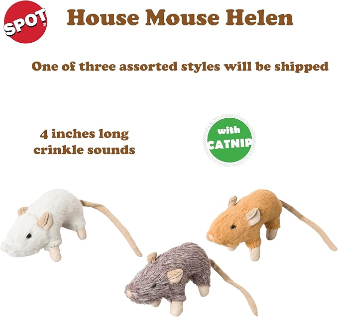 SPOT House Mouse Helen Cat Toy with Catnip – Lifelike Plush Mouse, Crinkle Sound, 4in Small Size for Kittens and Cats, Batting, Chasing, Playing – Assorted Colors - Image 2