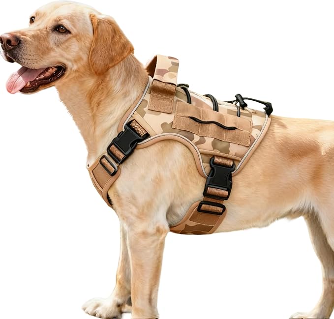 Heavy-Duty Tactical Dog Harness for Large Dogs, No Pull Adjustable Reflective Pet Vest with Molle System, K9 Military-Grade Control for Service Training, Outdoor & 10+ Breeds, Khaki Camo, Medium by Bruvoalon