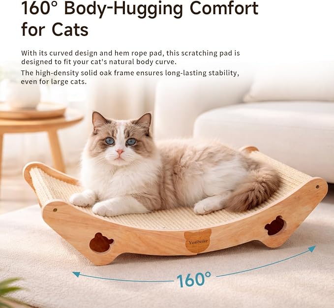 Upgraded Sisal Cat Scratcher Bed, Solid Oak Frame 1.3 cm Thick, 100% Sisal Pad, Curved Scratch Lounger, Stable Base Up to 36 lb, Sofa Protector, Odor-Free, 23.6" x 13.7" - Image 2