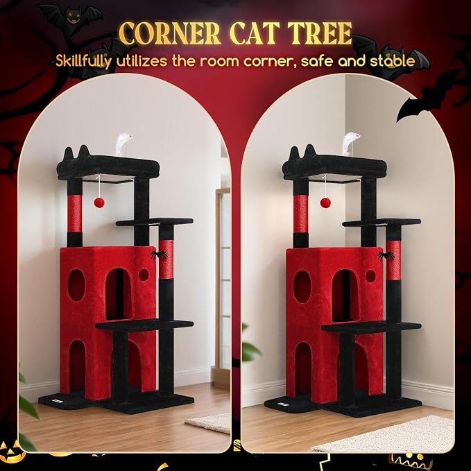 Globlazer Gothic Cat Tree Tower for Indoor Cats, 50-inch Goth Adult Cat Tree House for Large Adult Cats with Steps, Scratching Post, 2 Cat Caves, Dangling Toys, FC50, Blood-Goth - Image 2