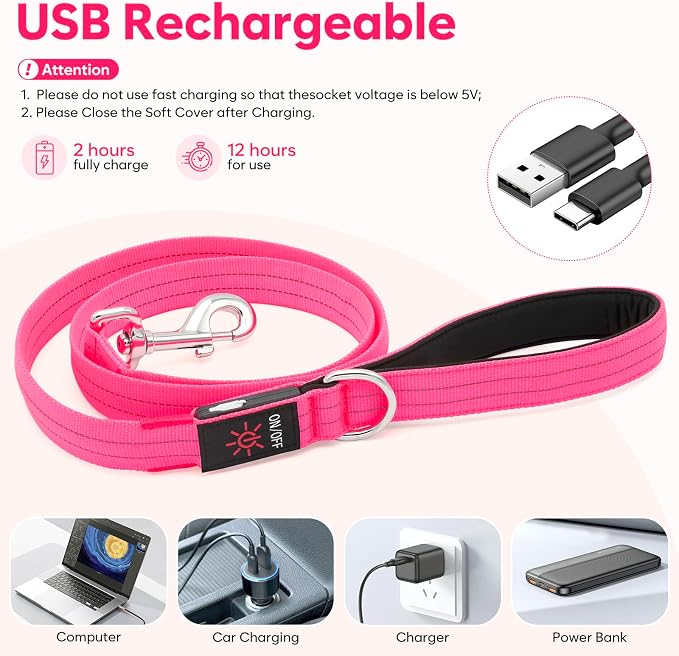 LED Dog Leash, 4 Ft Light Up Dog Leash USB Rechargeable Waterproof, Nylon Reflective Leashes with Padded Handle, Safety Glow in The Dark Walking Lead for Large Medium Small Pets(Pink) - Image 3