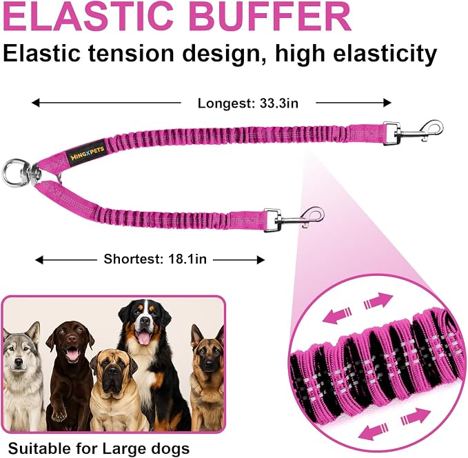MingXpet 2 Dog Leash, Dog Leash for 2 Dogs, 360° Swivel No Tangle Double Walking Training Leashes for Large Dogs that Pull, Comfortable Shock Absorbing Reflective Bungee, Rose - Image 2