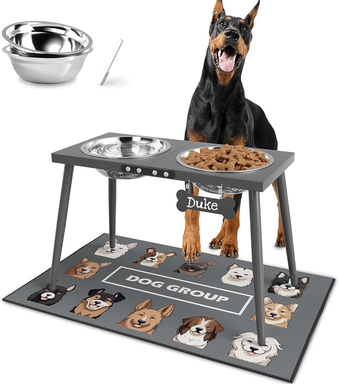 ADENGL Elevated Dog Bowls for Large Extra Large Pet, Raised Dog Bowl Stand with Sprill Proof Mat and Bowls (2000ml/70oz), Pet Food & Water Bowl 15.5" Tall Dogs Feeder for Extra Large Breed, Grey by ADENGL
