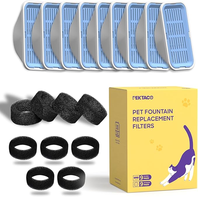 PEKTACO Cat Water Fountain Replacement Filters for 3.2L/108oz, 9 Pack | Pre-filter sponges, activated carbon, ion exchange resin, non-woven fabric, captures hair and debris, reduces odors and dirt - Image 7