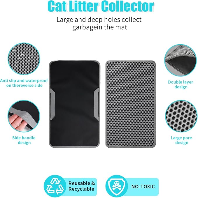 Cat Litter Mat 26"x24.5", Double Layer Waterproof Litterbox Mat, Gray | Non-slip backing, washable for easy cleanup, traps stray litter with waterproof honeycomb large grid that is urine-proof. - Image 2