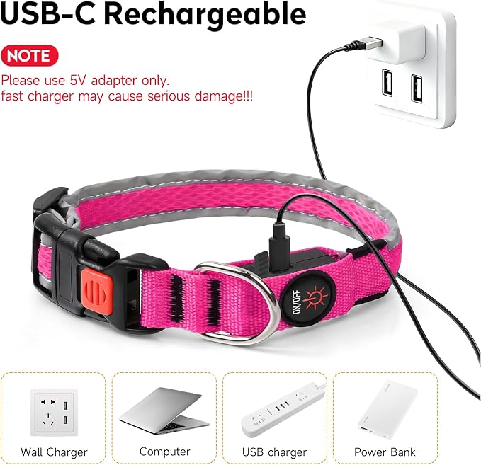 LED Dog Collar, Light Up Dog Collar,for Night Walking(Large,Pink) | Adjustable,Bright RGB 7 Colors Light Glowing Collar,Waterproof,Nylon,Soft,For Medium and Large Dogs,USB C to Charge - Image 7