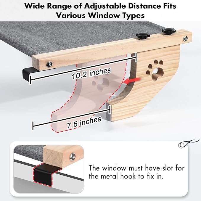 AMOSIJOY Cat Windowsill Perch with Wood & Metal Frame for Large Cat, 27.5in | Solid Wood Frame, Easy to Adjust, Washable Berber Fleece Cover, No Suction Cups Cat Window Seat for Windowsill, Bedside - Image 4