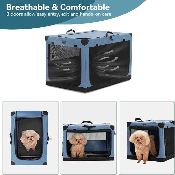 PETSFIT 26" Soft Portable Dog Crate – Patented Spiral Sturdy Frame, Collapsible Travel Kennel for Small Dogs, 3 Mesh Door, Lockable Zippers, Indoor & Car Use Blue - Image 7