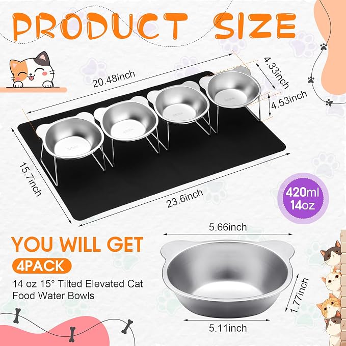 4 Set Elevated Cat Food Water Bowls 15°Tilted Stand Anti Vomiting Raised Dishes with Food Silicone Mat Stainless Steel Whiskers Friendly Cat Bowls for Multiple Cats and Puppy - Image 2