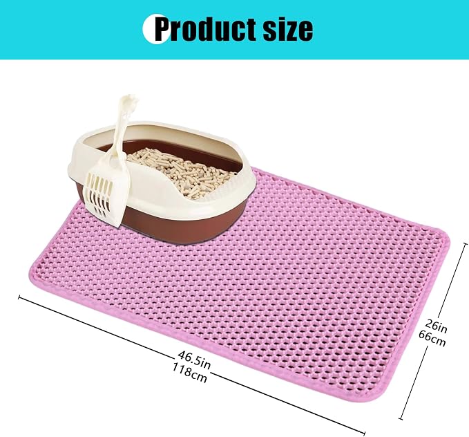 Cat Litter Mat 26"x46.5", Double Layer Waterproof Litterbox Mat, Pink | Non-slip backing, washable for easy cleanup, traps stray litter with waterproof honeycomb large grid that is urine-proof. - Image 3