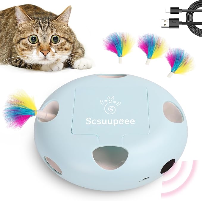 Rechargeable Interactive Cat Toy, Blue | Smart Sensor Pop-Up Feather Toy, 7 Holes, USB Powered Automatic, For Indoor Cats by Scsuupoeecattoys