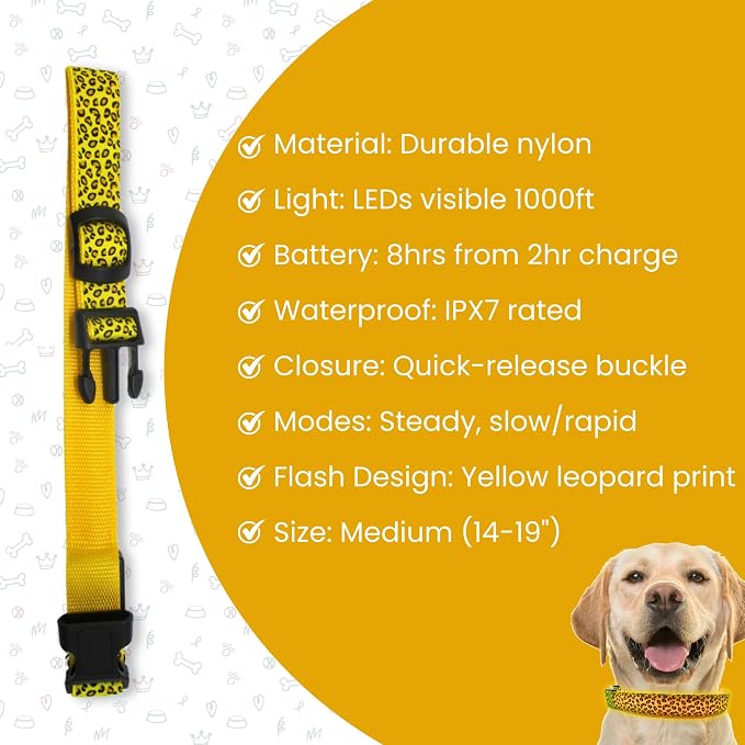 Leopard Dog Collar - Glow in the Dark USB Collar with Rechargeable Battery + Waterproof Design - Light Up Dog Collar - Yellow (Large Size) - Image 4