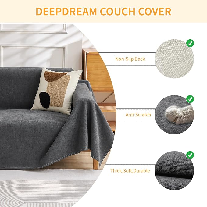 Deep Dream Cat-Scratch Resistant Couch Cover, Waterproof Sofa Cover for 3 Cushion Couch Washable, Pet Friendly Couch Protectors Anti Slip Thickened Sofa Slipcovers for Dogs Pets, 91" x 150", Dark Grey - Image 3