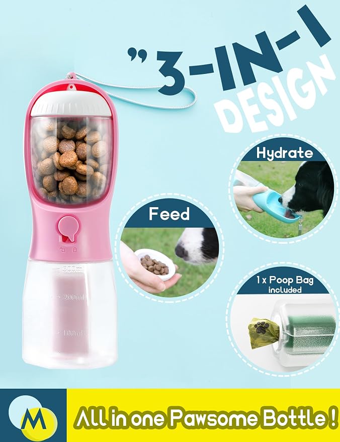Portable Water Bottle for Small Dogs, 3 in 1 Pet Travel Bowl Dispenser with Food Treat Container & Poop Bag Holder, Summer Hiking Walking Accessories for Puppy On The Go - Pink, 10oz - Image 2