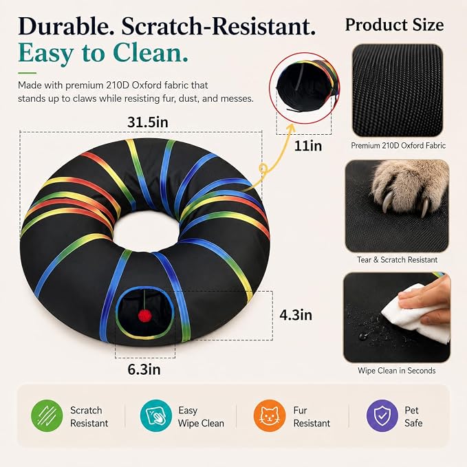 Cat Tunnel Toy with Plush Ball & Cat Wand Feather Toys-Portable Tattaff Waterproof Washable-Interesting Pattern Collapsible Black Rainbow - Image 5