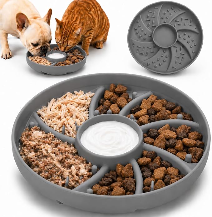 Slow Feeder Dog Bowl Silicone Suction Cup Anti Spill Dogs Cats Grey | strong suction base prevents sliding, extends mealtime, reduces anxiety, textured surface, dishwasher safe by guardingwhatyouLove