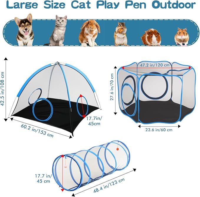 3-in-1 Outdoor Cat Enclosure, Portable Catio Tent with Tunnel | 2 Rooms & 1 Tunnel, Breathable Mesh, Carry Bag, Interactive Toys, Multi-Entry Doors, Indoor & Outdoor Use for Small pets - Image 3