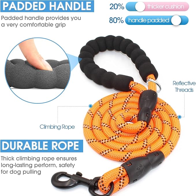 2/4/5/6 FT Dog Leash with Comfortable Padded Handle and Highly Reflective Threads for Small Medium and Large Dogs (6FT-1/2'', Orange) - Image 2