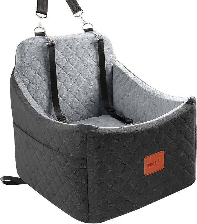 Dog Car Seat for Small Medium Dogs,Detachable Washable Dog Booster Seat Under 35lbs, Pet Car Seat Travel Bed with Storage Pockets and Safety Belt (Black/Grey, Medium) by INDYBUD