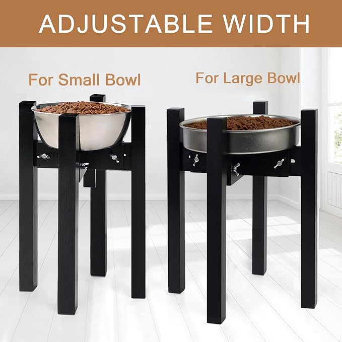 Elevated Dog Bowl Stand Adjustable Dog Food Holder 14”H Large Black | 14” Elevated Dog Bowl Stand, Large Dogs, Adjustable, Fits 8”-11” Bowls, Single Bowl Holder, Natural Bamboo, Classic Black - Image 2