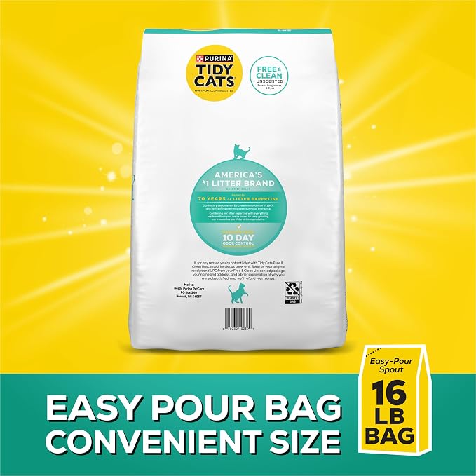 Purina Tidy Cats Free and Clean Unscented Clumping Cat Litter, 16 lb Bag | Activated charcoal formula delivers powerful odor absorption in an easy-pour design - Image 9