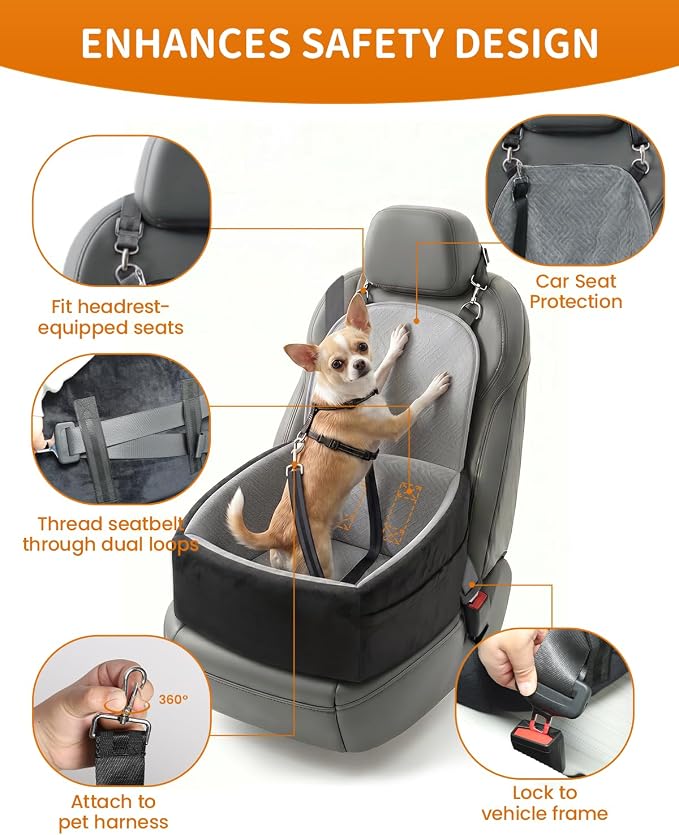 NUPIDA Dog Booster Car Seat with Extend Backrest for Small Medium Pet, Grey | Easy Install, Up to 30 lbs, Washable Removable Cover, Non-Slip Bottom, Large Storage Pockets, 2 Safety Leashes - Image 3