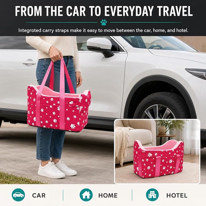 Center Console Dog Car Seat for Small Dogs Under 15 lbs - Detachable Washable Carrier with Safety Belt & Storage Pockets, Pink - Image 3
