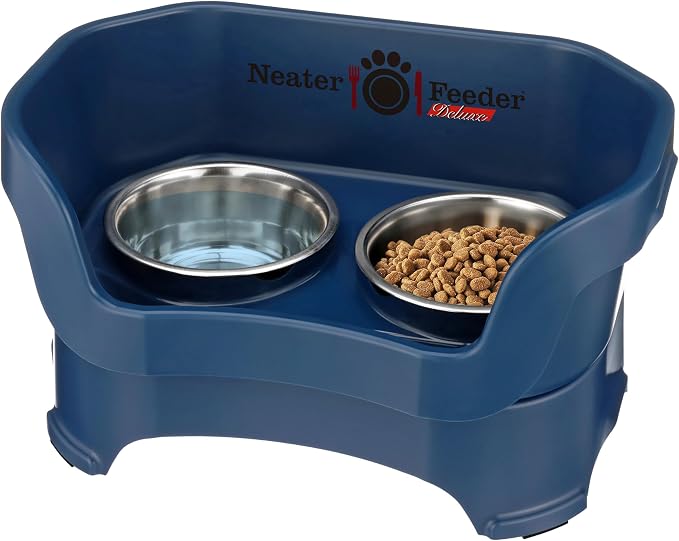 Neater Pet Brands Neater Feeder Deluxe Mess Proof Dog Bowls Elevated for Medium Dogs 19-40 lbs, Made in USA, No Spill Raised Dog Food Bowl Stand Feeding Station, Food and Water Bowl Set, Dark Blue by NeaterPetBrands