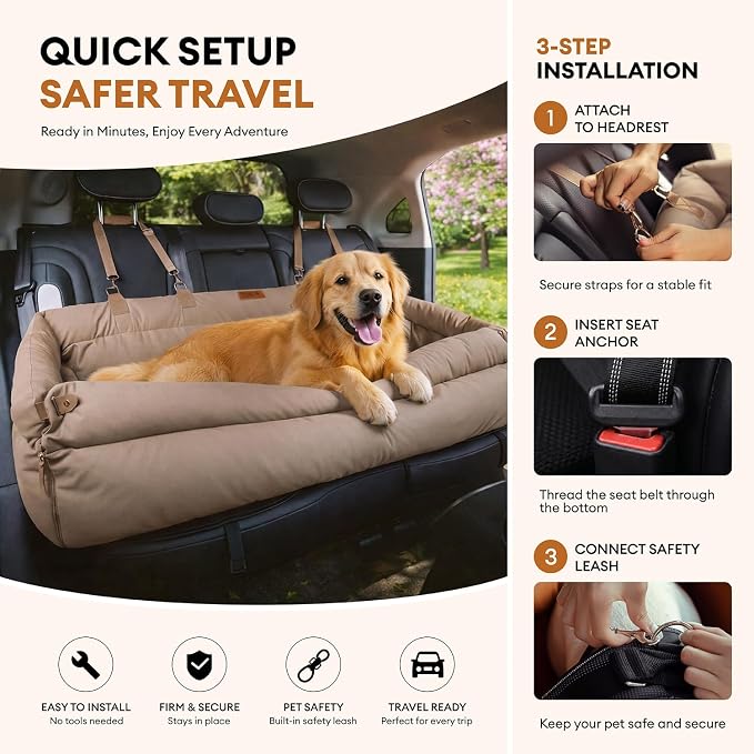 FUNNY FUZZY Leather Dog Car Seat for Large Size Dogs, Pet Booster Car Seats | Waterproof Car Seat with Safety Clip-On Leash, Soft Fabric Car Dog Bed Filling Memory Cotton, Washable Travel Pet Bed(Khaki) - Image 4