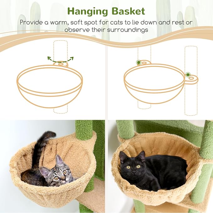 Globlazer Cactus Sturdy Cat Tree for Indoor Cats 20 lbs, S68, Green | 68-inch Large Cat Tower for Adult Big Cats, Heavy Duty Cat Tree with Extra Large Platform, 5 Scratching Post - Image 4