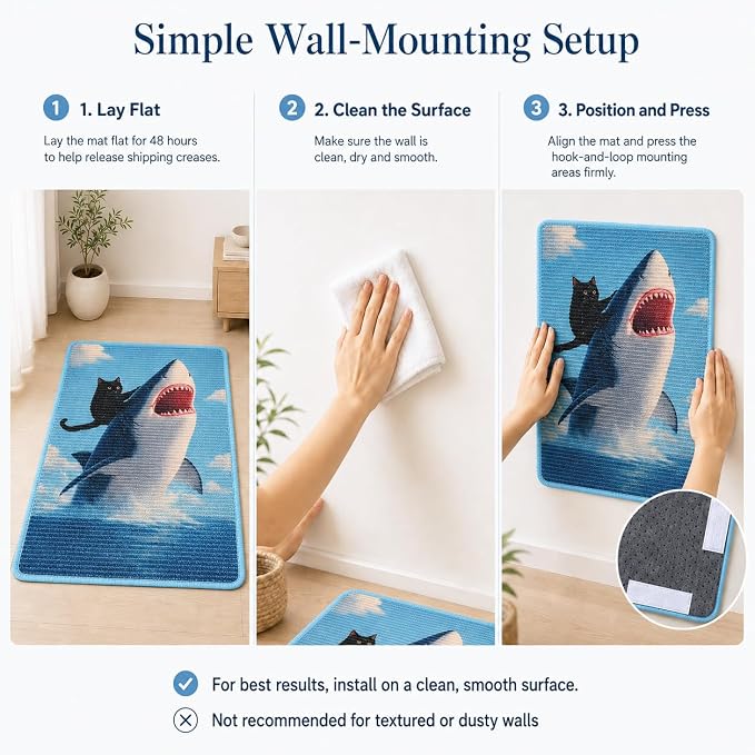 Art Sisal Cat Scratcher Mat, Cat Wall Scratchers for Indoor Cats | Wall Mounted Cat Scratcher, Natural Sisal, No-Drill Hook & Loop Setup, Floor or Wall Use, 23.6 x 15.7 Inch, Shark - Image 9