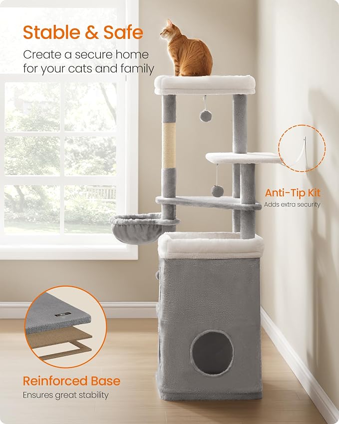 Feandrea Cat Tree Indoor, 60" Multiple-Level Plush Cat Tower, Dove Gray | 2 Caves, 3 Steps, 3 Scratching Posts, 3 Ball Toys, Cat Condo House for Large Adult Cats, UPCT007G01 - Image 7