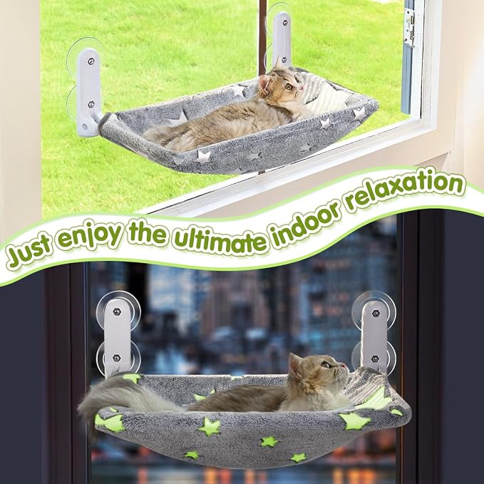 Zoratoo Glow in the Dark Cat Window Perch, Foldable Cordless Pet Hammock, L | Glowing Stars Fabric, Sturdy Metal Frame, Removable for Machine Wash, Comfortable Sunken Design Resting Seat for Indoor Cats - Image 7