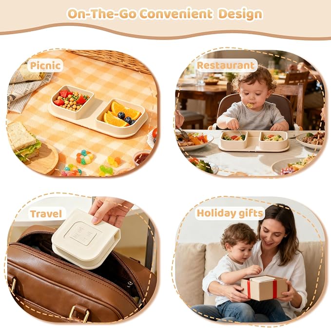 Beige Travel Silicone Foldable Feeding Set, On-the-Go Baby Feeding Supplies Including Toddler Plates, Silicone Baby Spoon&Fork, Adjustable Foldable Bib, Portable Infant Toddler Utensils - Image 8