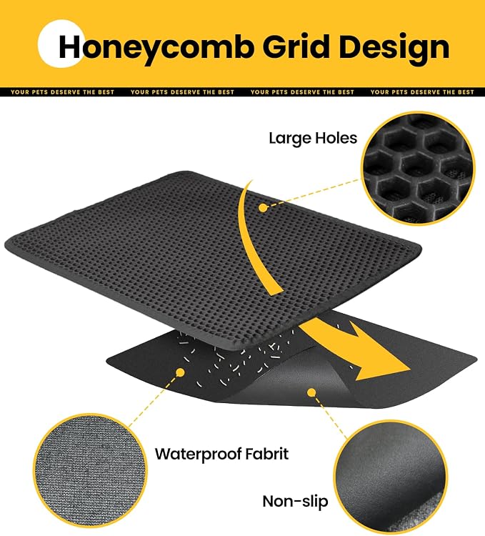 Cat Litter Trapping Mat, 27"x19" Universal Fit Litter Box Floor Mat, Hexagon Grids & Anti-Leak Base, Machine Washable, Non-Slip Kitty Mat for Most Homes, Black - Image 4