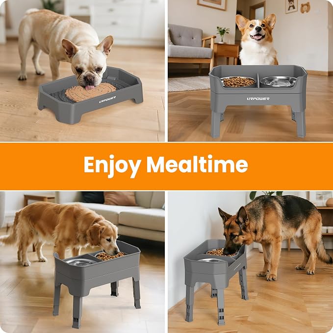 URPOWER Elevated Dog Bowls, 3-in-1 Double Deck Raised Dog Bowl Stand | 4 Height Adjustable Raised Stand with 2 Stainless Steel Food Bowls & Licking Plate for Small, Medium & Large Dogs - Image 7