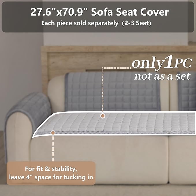 Velvet Washable Couch Cover for Dog,L Shape Sofa Cover for Pets. | 27.6"x70.9",Light Grey,Sectional Couch Cover,Soft Velvet,Non-Slip,Furniture Protector,quilted - Image 2