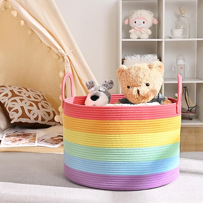 67L Large Rainbow Blanket Basket, Cotton Rope Baby Laundry Hamper with Handles, Kids Toy Basket for Classroom & Nursery, Soft Round Stuffed Animal Storage, Dog Toy Bin - 20"x13", Rainbow - Image 4