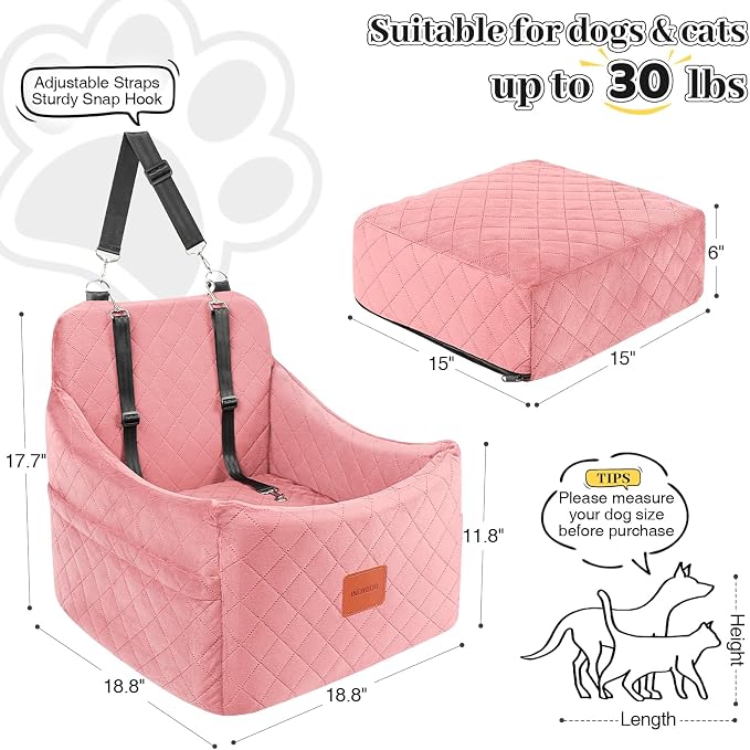Dog Booster Car Seat for Dogs up to 35lbs, Safety Pet Car Seats with Anti-Slip Bottom, Travel Booster Dog Bed with 2 Storage Pockets (Pink, Medium) - Image 2