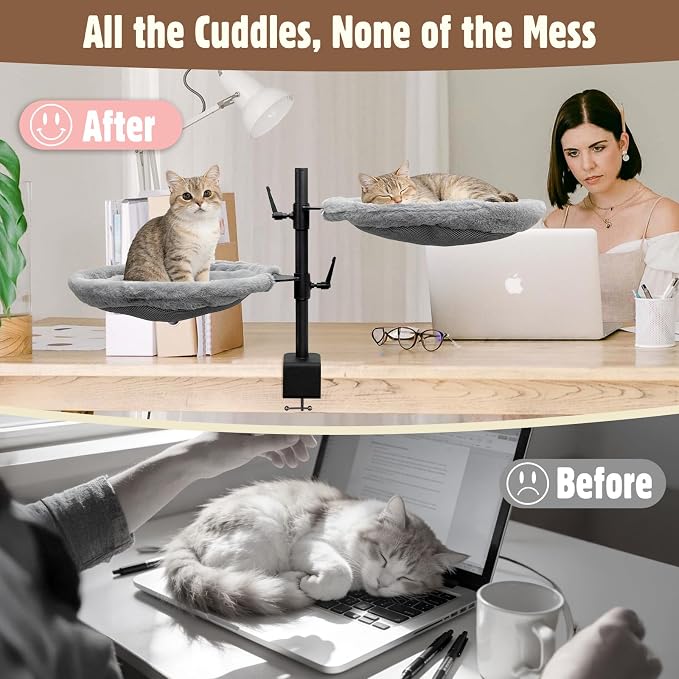 Double Cat Desk Bed, 360° Rotating & Adjustable Heigh Kitten Nest for Desktop, Double Kittens Clamp Hammock Bed with Dual-Sided Reversible Mat for Home Office-Maximum Hold Up to 40lb - Image 2